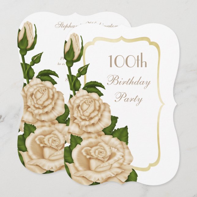 Convite Chic Canto Rosas Marfim 100º Aniversário (Frente/Verso)