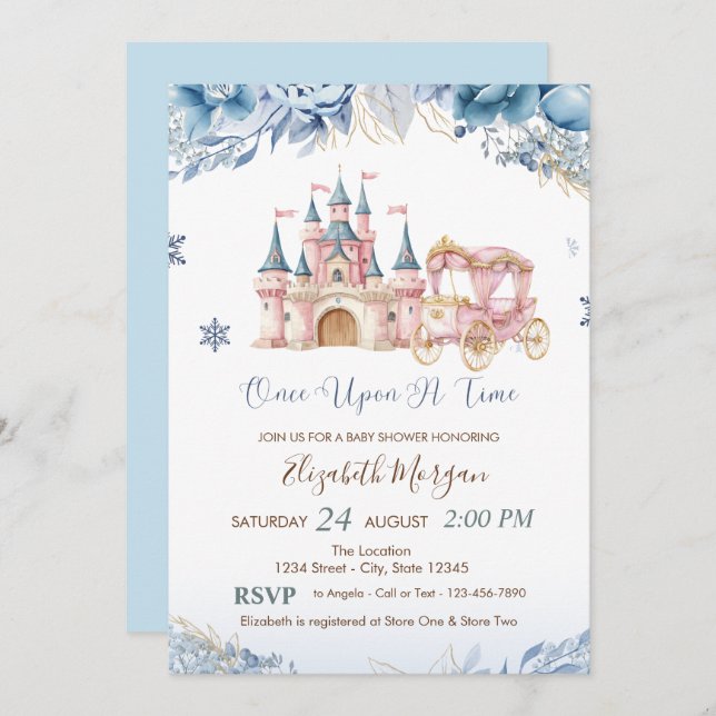 Convite Chic Castle,Carriage Blue Flowers Baby Shower (Frente/Verso)