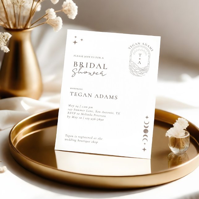 Convite Chic Celestial Lua Stars Monograma Chá de panela (Chic Celestial Moon Stars Monogram Bridal Shower Invitation)