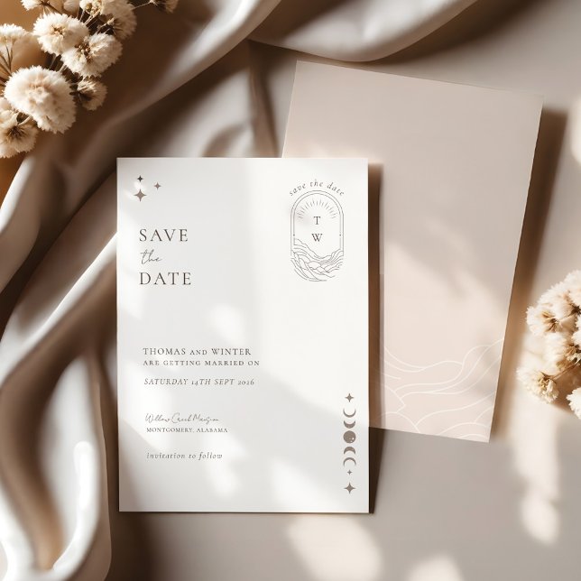 Convite Chic Celestial Moon Stars Monograma Salvar Data (Chic Celestial Moon Stars Monogram Save The Date Invitation)