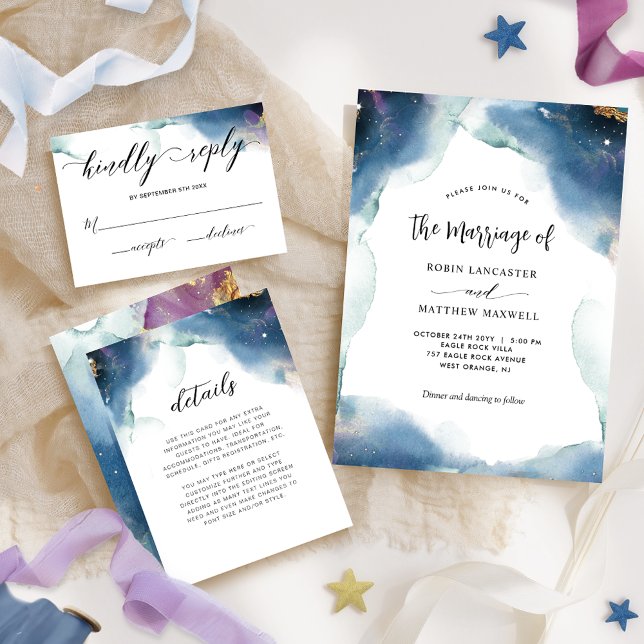 Convite Chic Celestial Watercolor Starry Casamento (Criador carregado)