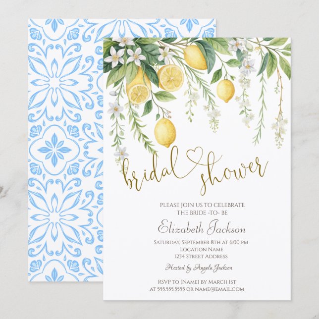 Convite Chic Chá de Noiva com Aquarela de Limões em Flor (Frente/Verso)