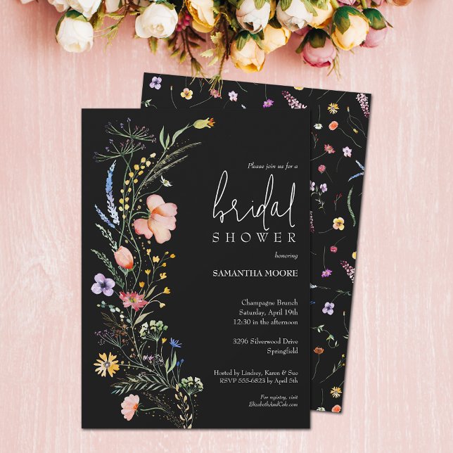 Convite Chic Chá de panela de flor selvagem (Wildflower bridal shower black invitations - PRINTED and/or INSTANT DOWNLOAD)