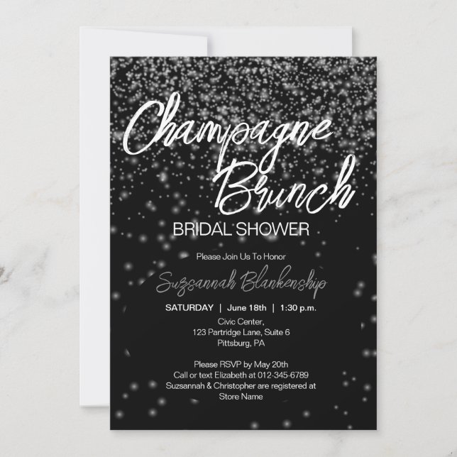 Convite Chic Champagne Brunch Chá de Noiva Bokeh Prateado (Frente)