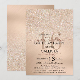 Convite Chic Champagne Dourada Glitter Metálico Sweet 16