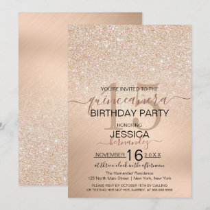 Convite Chic Champagne Dourada Glitter Quinceañera Metálic