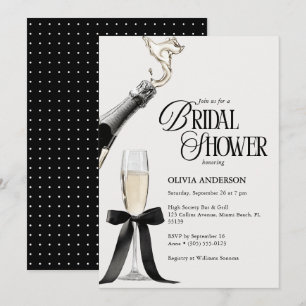 Convite Chic Champanhe Bridal Shower Preto e Branco