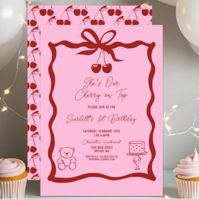 Convite Chic Cherry no Arco superior, rosa e primeiro aniv (She's Our Cherry on Top 1st Birthday Invitation, Red and Pink, Chic Trendy Modern, Bow, Sweet One)