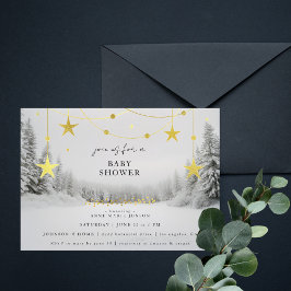 Convite Chic Cinza Dourado Floresta de Inverno Baby Shower