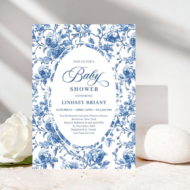 Convite Chic Classic Blue Toile de Jouy Floral Baby Shower (Classic Blue Toile de Jouy Floral Baby Shower Invite)