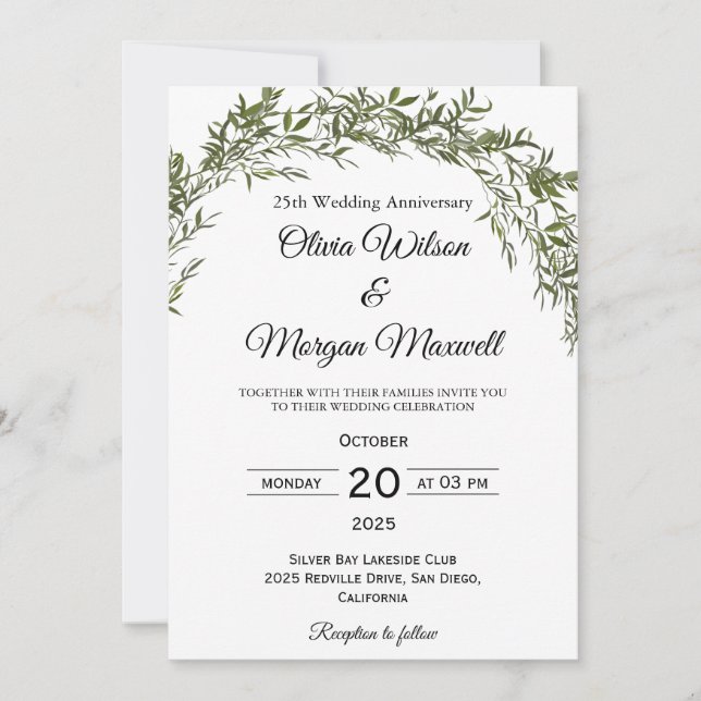 Convite Chic Clássico Aniversário de Casamento com Folhage (Frente)