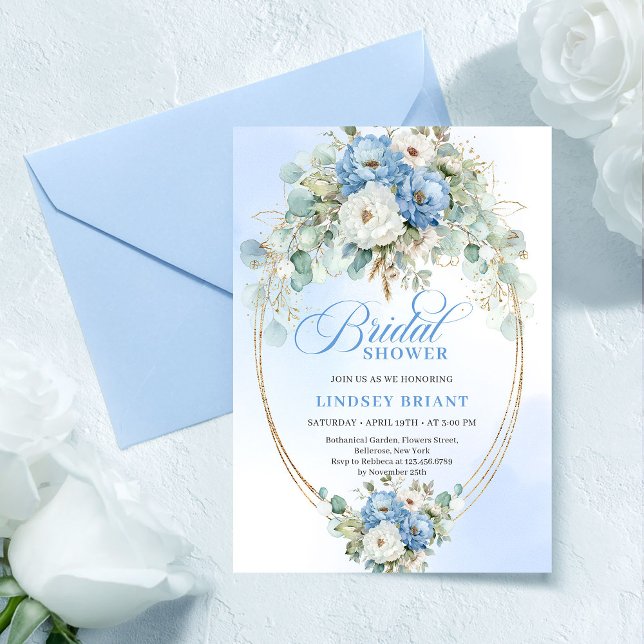 Convite Chic Clássico Chuva de Flores Azul Pastel Dourado  (Classic Pastel Blue Floral Gold Bridal Shower Invitation)