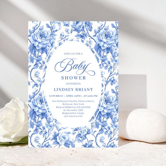 Convite Chic Clássico Chuveiro de Bebê Francês Toile de Jo (Classic French Toile de Jouy Navy Baby Shower Invite)
