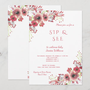 Convite Chic Classy Red Floral Watercolor Sip & Consulte
