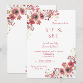 Convite Chic Classy Vermelho Floral Aquarela Sip & See