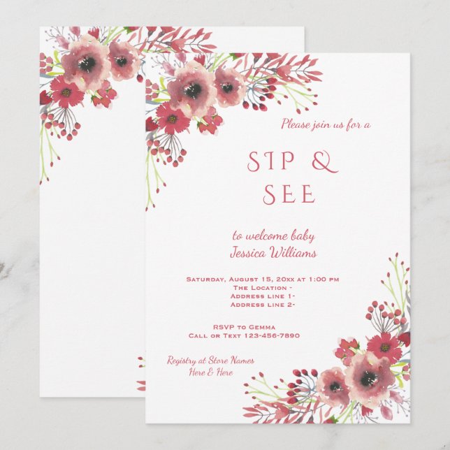 Convite Chic Classy Vermelho Floral Aquarela Sip & See (Frente/Verso)