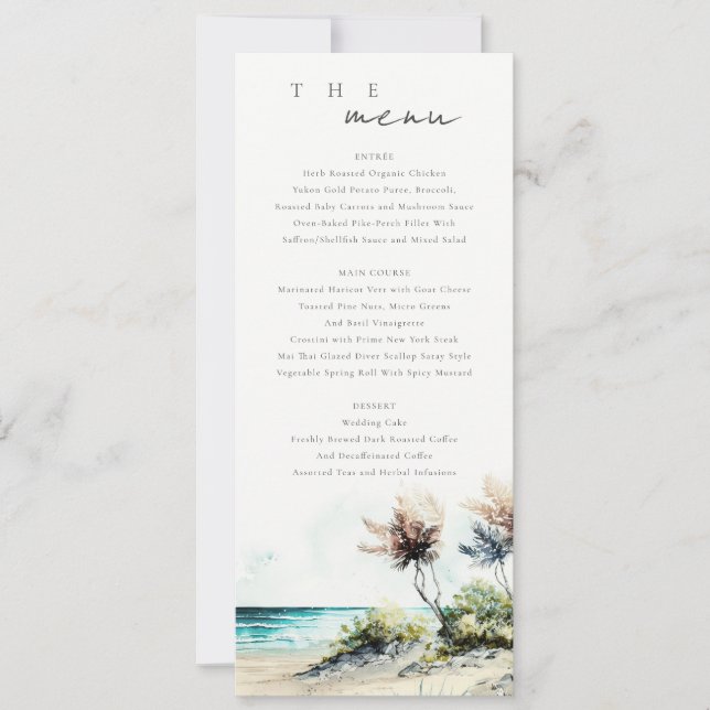 Convite Chic Coastal Palm Beach Seascape Wedding Menu Card (Frente)