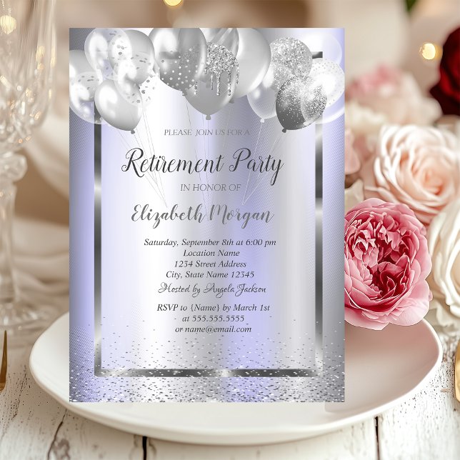 Convite Chic Confetti Balões Violeta Aposentação Metálica (Criador carregado)