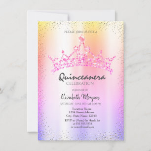 Convite Chic Confetti Crown Ombre Quinceañera Metálica