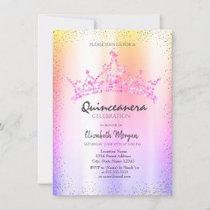 Convite Chic Confetti Crown Ombre Quinceañera Metálica