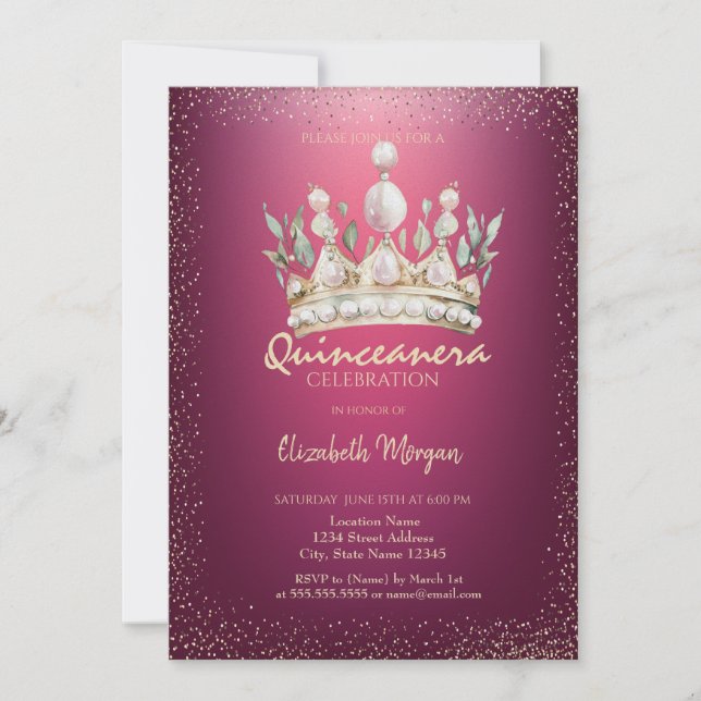 Convite Chic Confetti Watercolor Crown Red Quinceañera (Frente)