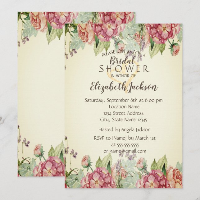 Convite Chic Coração de Glitter Floral Aquarela Chá de Noi (Frente/Verso)