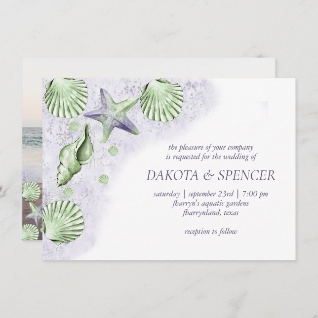 Convite Chic costal | Foto De Casamento Náutico Verde Roxo (Frente/Verso)