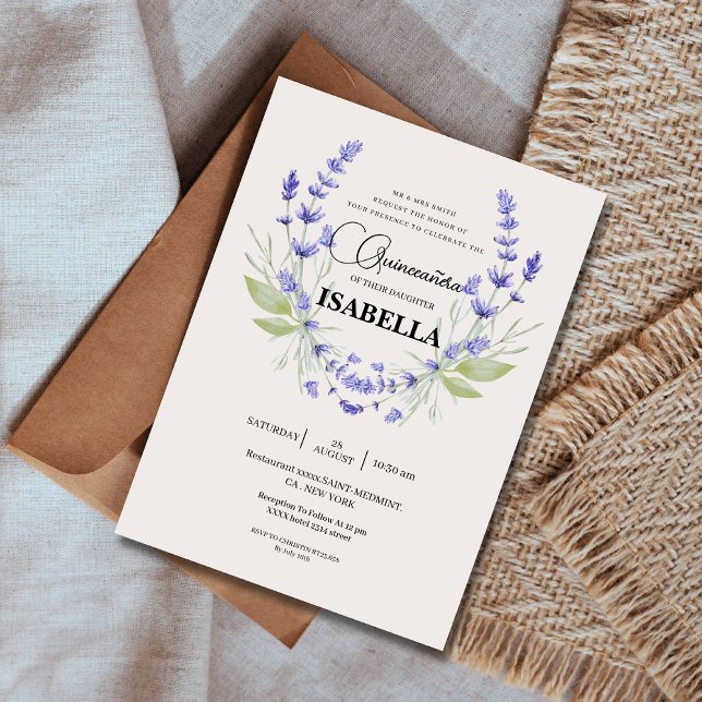 Convite Chic Cream e Lavanda Purple Quinceañera (Criador carregado)