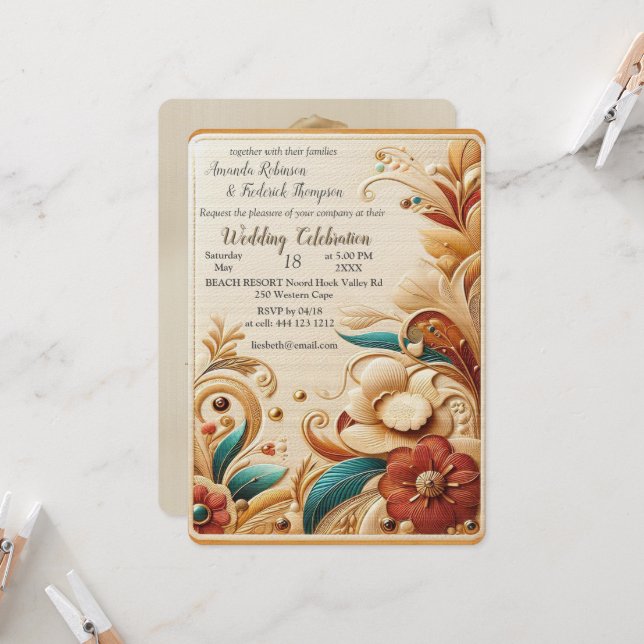 Convite Chic, Cremes Elegantes e textura de flores de cour (Frente/Verso In Situ)