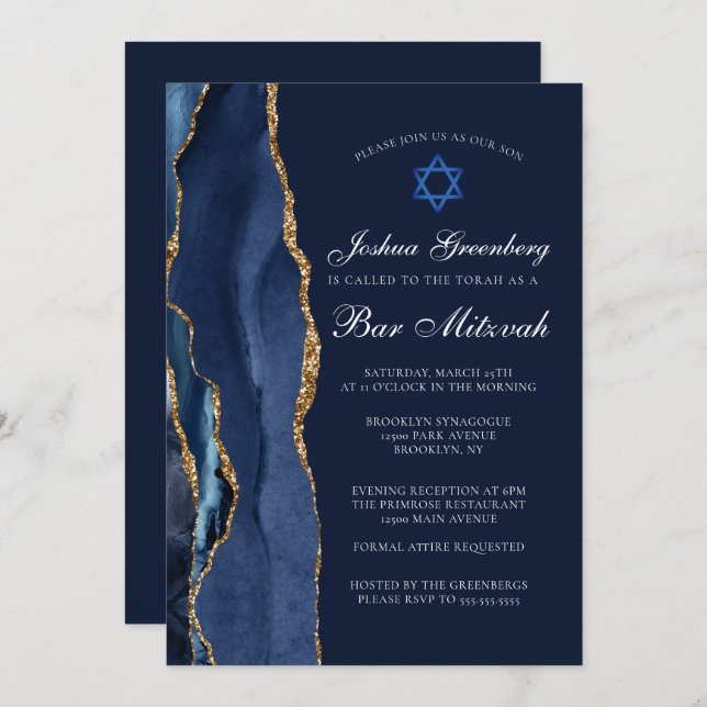 Convite Chic Dark Blue Agate Bar Mitzvah (Frente/Verso)