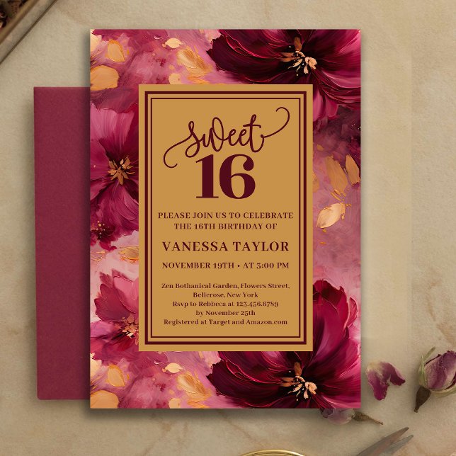 Convite Chic de 16º Aniversário Burgundy Blush Dou (Chic 16th Birthday Burgundy Blush Gold Invitation)