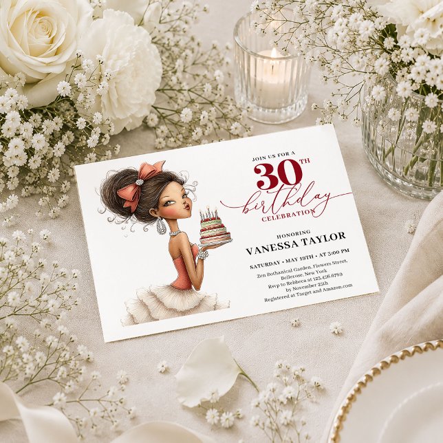 Convite Chic de Aniversário de 30 Anos de Mulher E (Chic Funny Woman 30th Birthday Deep Red Script Invite

)