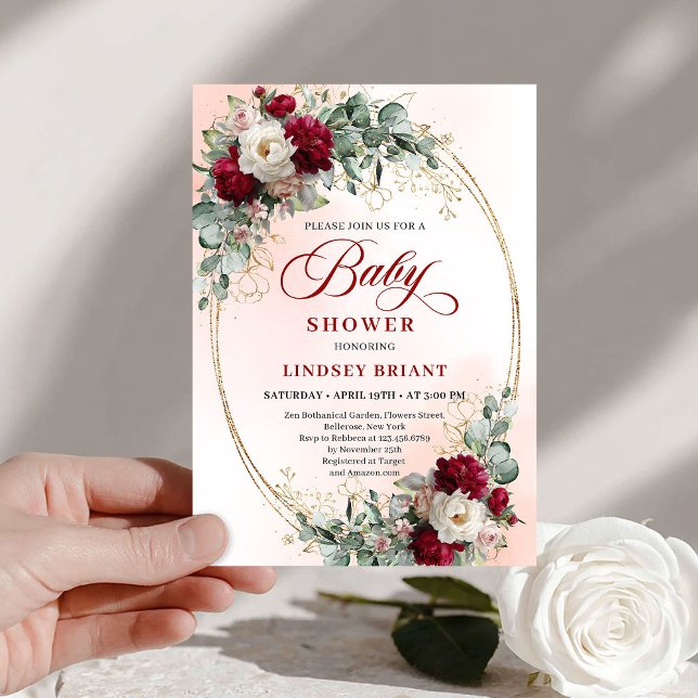 Convite Chic de Burgundy e Dourado para Chá de Beb (Chic Burgundy and Gold Boho Baby Shower Invite)