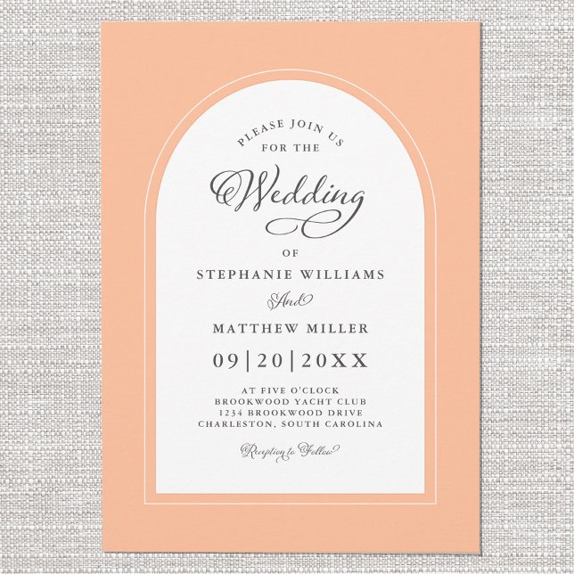 Convite Chic de Casamento de Caligrafia Moderna Peach Arch (Elegant Peach Arch Modern Calligraphy Wedding Chic Invitation)