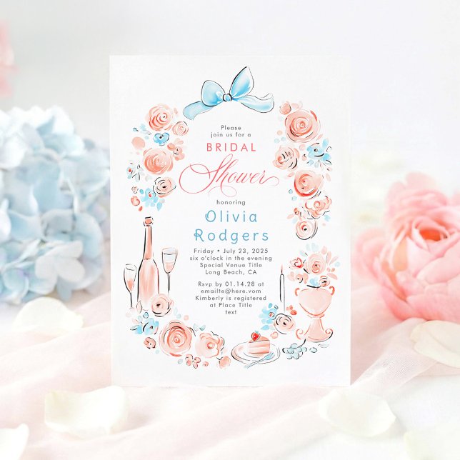 Convite Chic de Chuva de Noiva com Arco Floral Caprichoso  (Dusty Blue and Pink Whimsical Coquette Bow Bridal Shower Invitations)