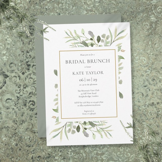 Convite Chic de Folhagem em Aquarela Dourado Brunch de Noi (Watercolor Greenery Chic Gold Bridal Brunch Invitation)