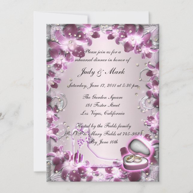 Convite Chic de Jantar de Ensaios Floral Roxo da M (Frente)