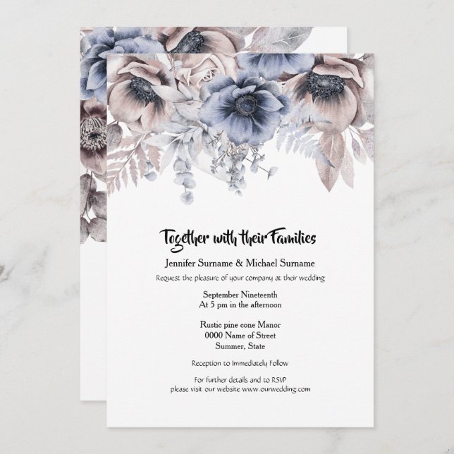 Convite Chic de rosa anêmona azul-suja (Frente/Verso)