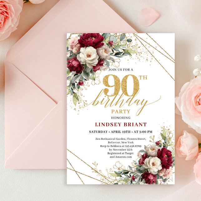 Convite Chic Deep Red Gold Roses 90th Birthday Invitation  (Chic Deep Red Gold Roses 90th Birthday Invitation Card

)