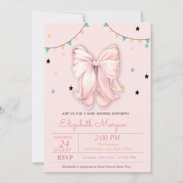 Convite Chic Desenho à Mão Arco Rosa Estrelas Chá de Bebê  (Frente)