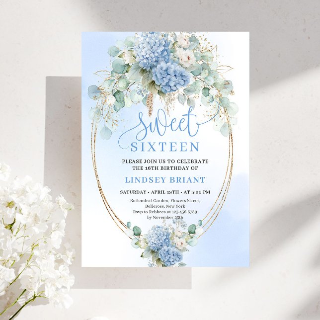Convite Chic Digital Blue Floral Eucalyptus Gold Sweet 16 (Digital Blue Floral Eucalyptus Gold Sweet 16 Invite)
