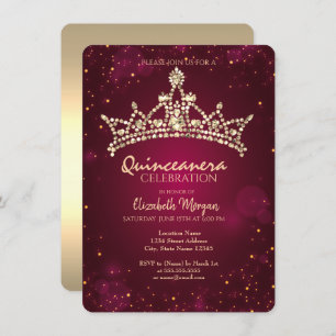Convite Chic Dourada Crown Burgundy Quinceañera
