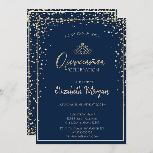 Convite Chic Dourada Tiara, Diamantes Quinceañera (Frente/Verso)