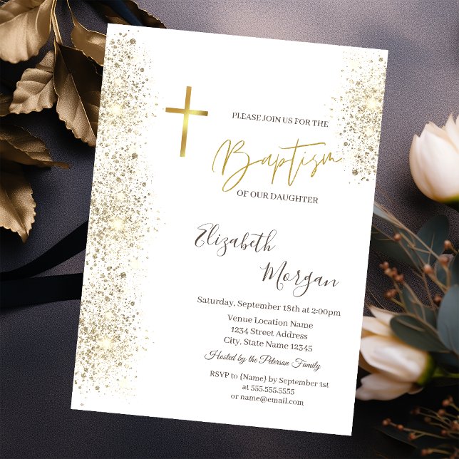 Convite Chic Dourado Cross Baptism Dourado Glitter Confett (Criador carregado)