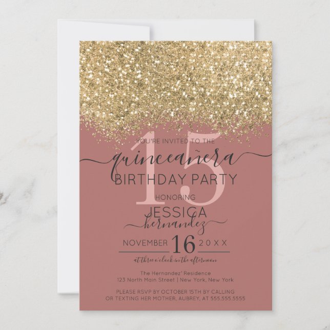 Convite Chic Dourado Dusty Rosa Glitter Confetti Quinceañe (Frente)
