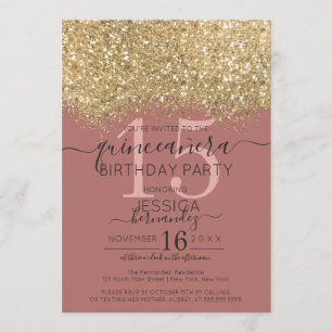 Convite Chic Dourado Dusty Rosa Glitter Confetti Quinceañe