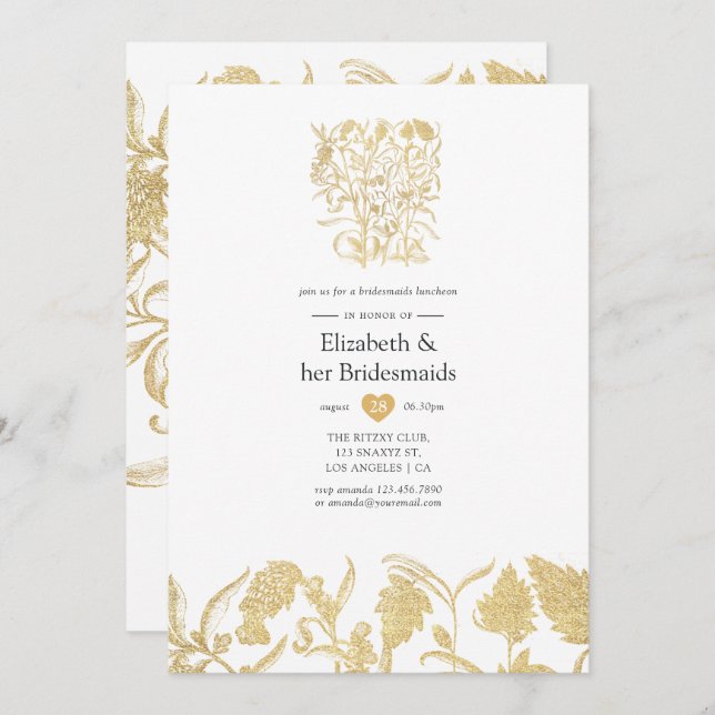 Convite Chic Dourado Floral Bridesmaids Luncheid (Frente/Verso)