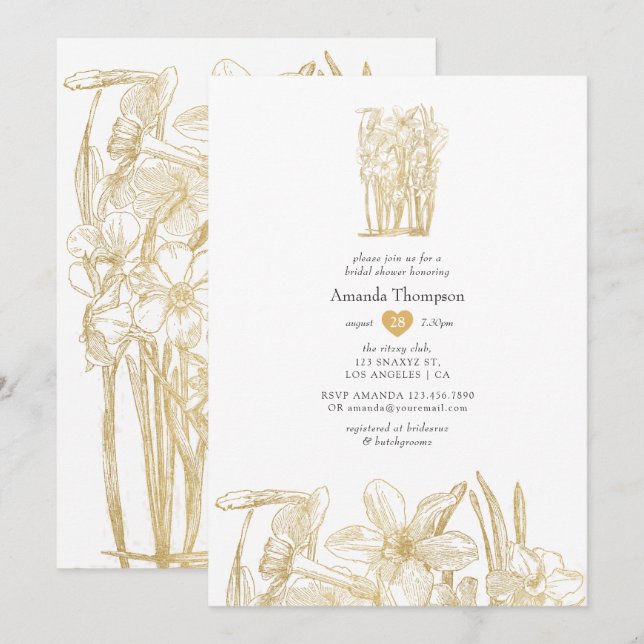 Convite Chic Dourado Floral Chuveiro de Noiva (Frente/Verso)