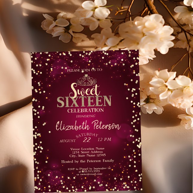 Convite Chic Dourado Tiara, Diamantes Burgundy Doce 16 Fes (Criador carregado)