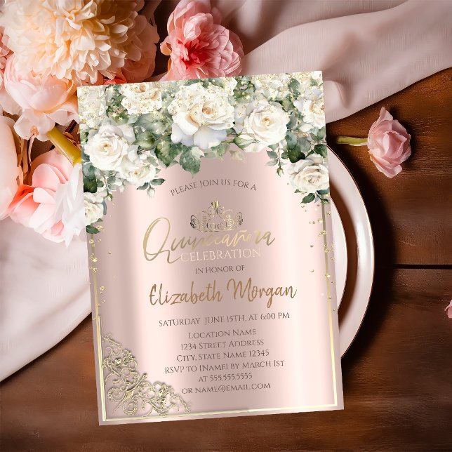 Convite Chic Dourado Tiara, Rosas Brancas Quinceañera (Criador carregado)